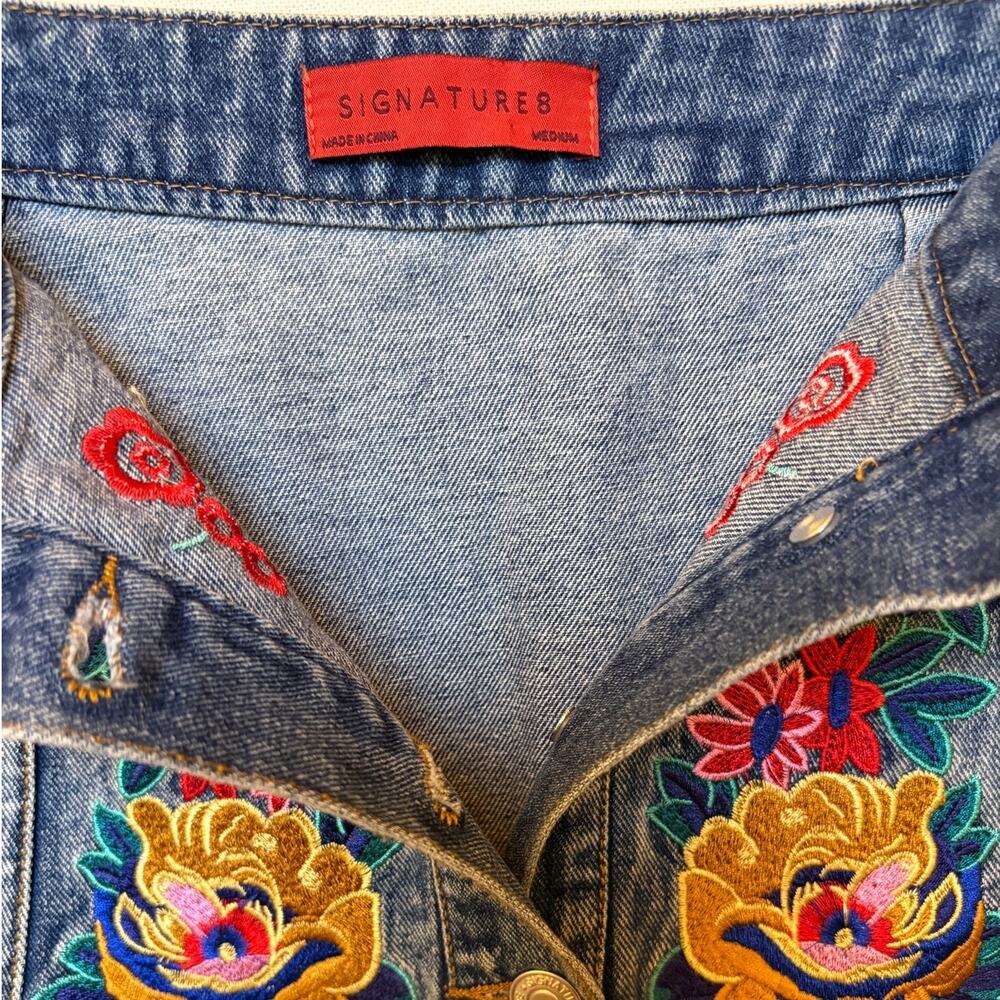 Signature8 Embroidered Floral Denim Button Front A-Line Mini Skirt size S-M - Picture 6 of 8